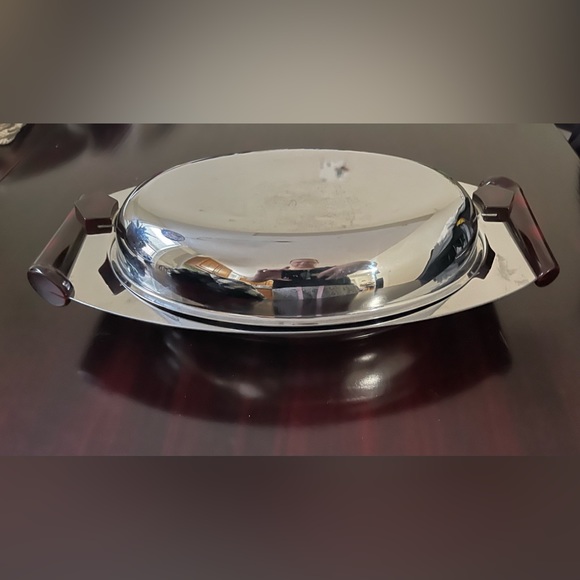 Glo Hill Canada Metal SS Serving Tray With Cherry Red Bakelite Handles - Picture 1 of 16